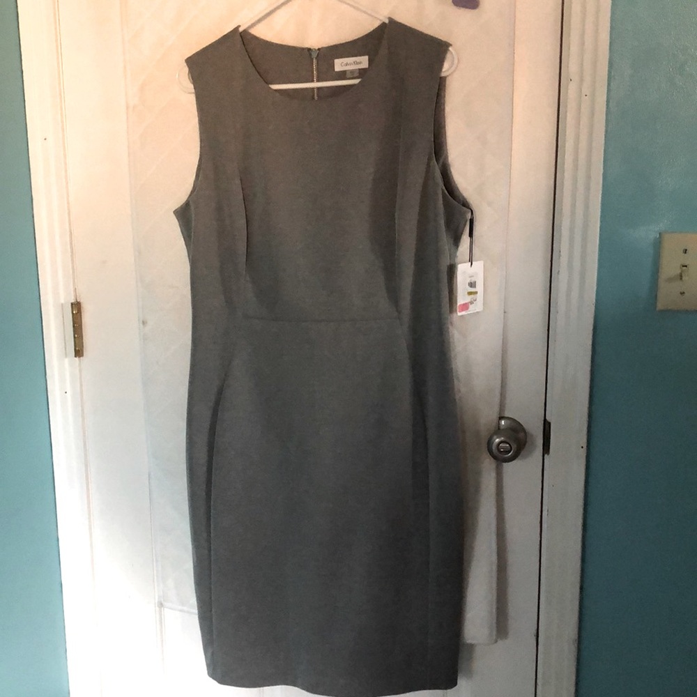 NWT, Calvin Klein Dress, Size 14, gray w/silver zipper, contoured shape